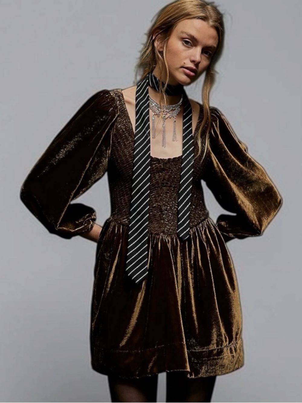 Free People Farrier Velvet Mini Dress in Brown Bear Size Small Holidays Winter - Picture 1 of 12